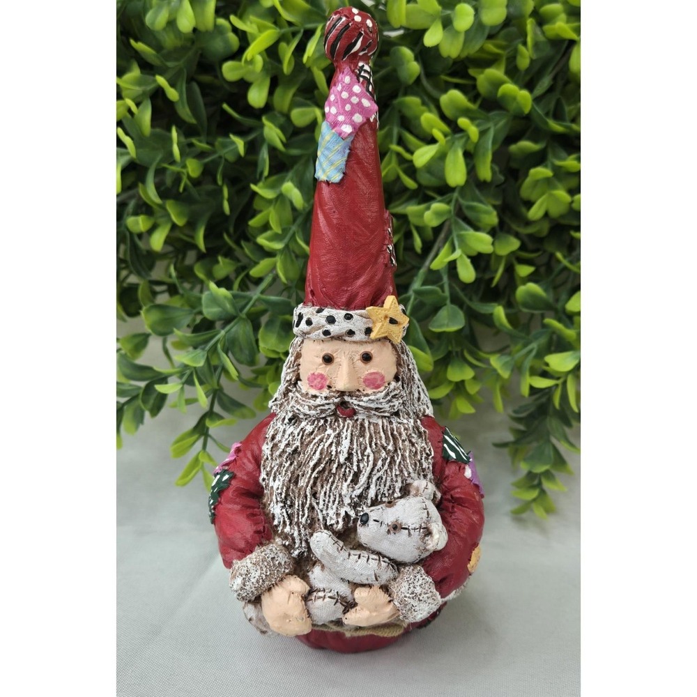 Vintage Ganz Old World Santa Figurine Tall Patchwork Pointed Hat Holding Bear